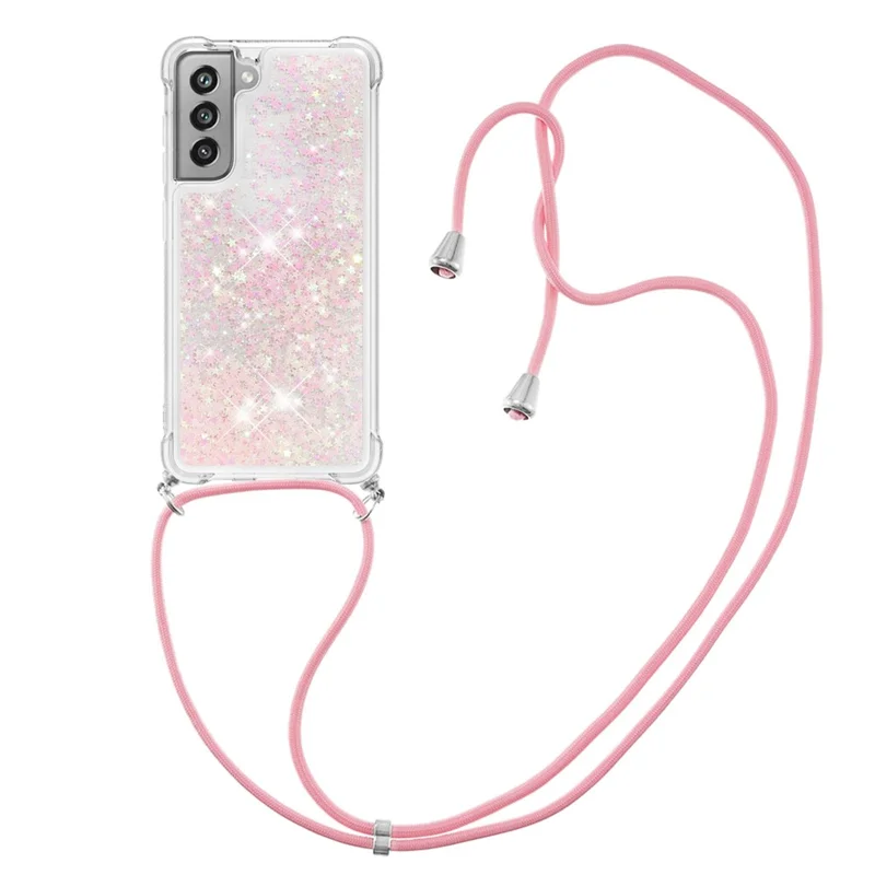 Floating Quicksand Shiny Glitter TPU Phone Cover with Strap for Samsung Galaxy S21 FE/S21 Fan Edition - Pink Stars