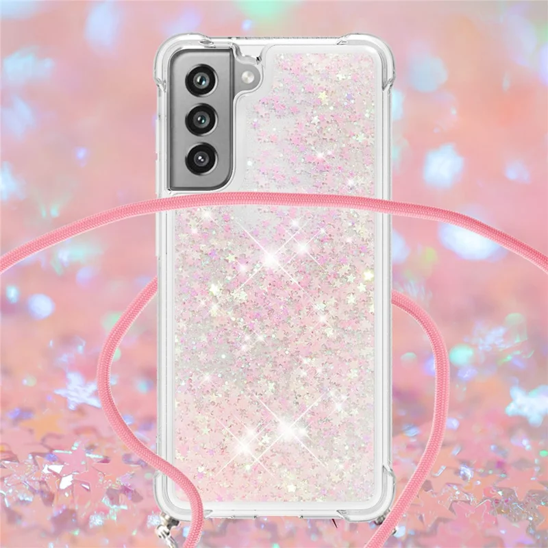 Floating Quicksand Shiny Glitter TPU Phone Cover with Strap for Samsung Galaxy S21 FE/S21 Fan Edition - Pink Stars