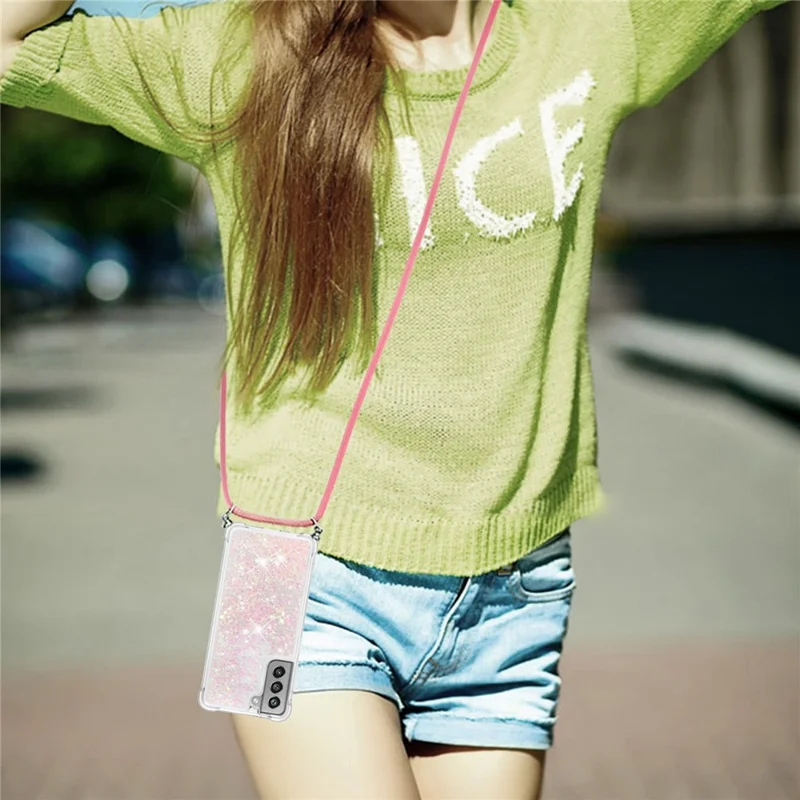 Floating Quicksand Shiny Glitter TPU Phone Cover with Strap for Samsung Galaxy S21 FE/S21 Fan Edition - Pink Stars