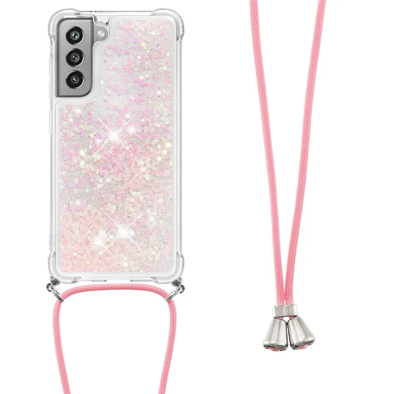 Floating Quicksand Shiny Glitter TPU Phone Cover with Strap for Samsung Galaxy S21 FE/S21 Fan Edition - Pink Stars