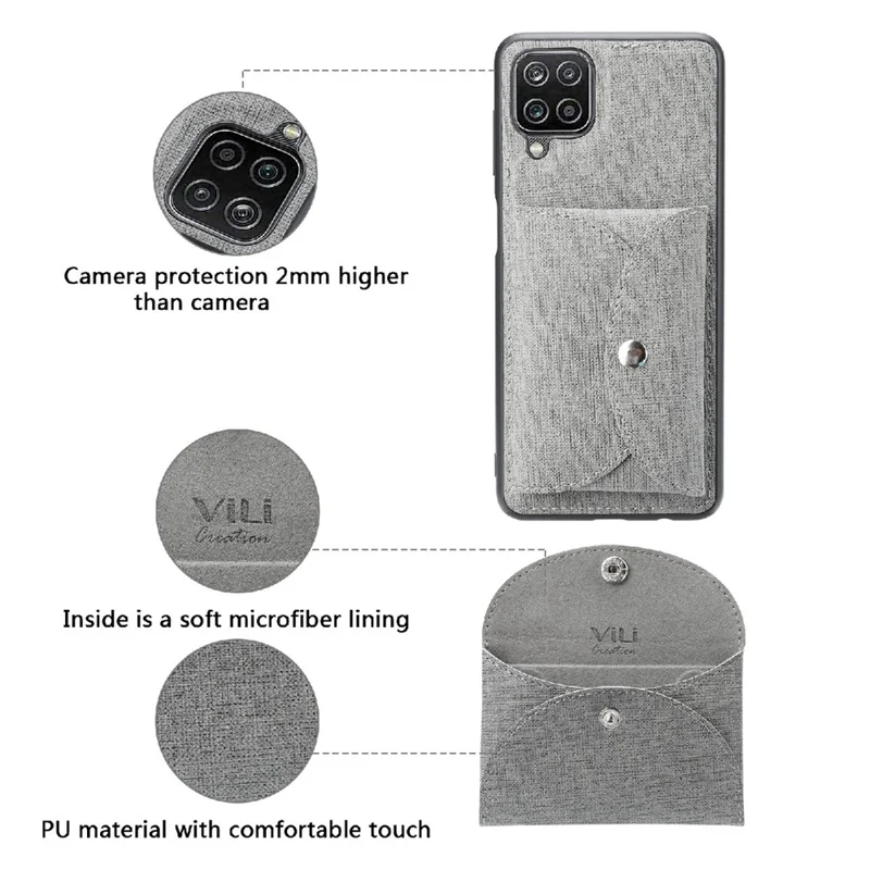 VILI T Series Movable Magnetic Absorption Wallet Leather Skin TPU Shell for Samsung Galaxy A12 - Grey