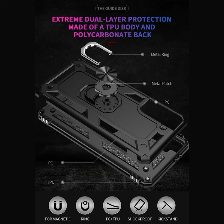 Anti-Fall Phone Hybrid PC + TPU + Metal Case Cover with Finger Ring Kickstand for Samsung Galaxy S21 FE - Black