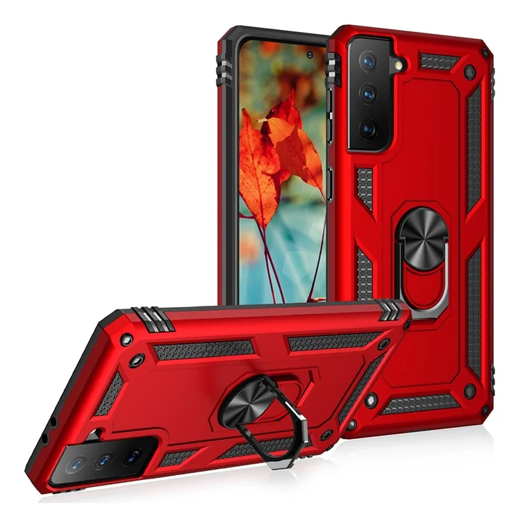 Custodia ibrida anti-caduta in PC + TPU + metallo con anello per dita e supporto per Samsung Galaxy S21 FE - Rosso