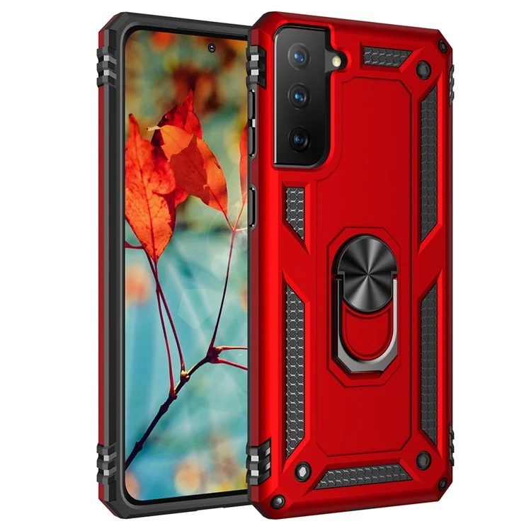 Custodia ibrida anti-caduta in PC + TPU + metallo con anello per dita e supporto per Samsung Galaxy S21 FE - Rosso
