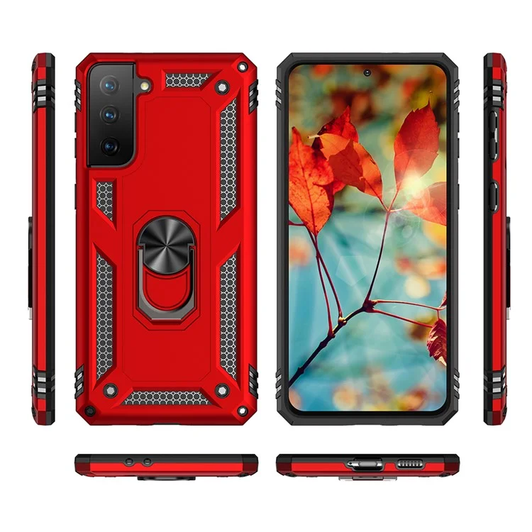 Custodia ibrida anti-caduta in PC + TPU + metallo con anello per dita e supporto per Samsung Galaxy S21 FE - Rosso