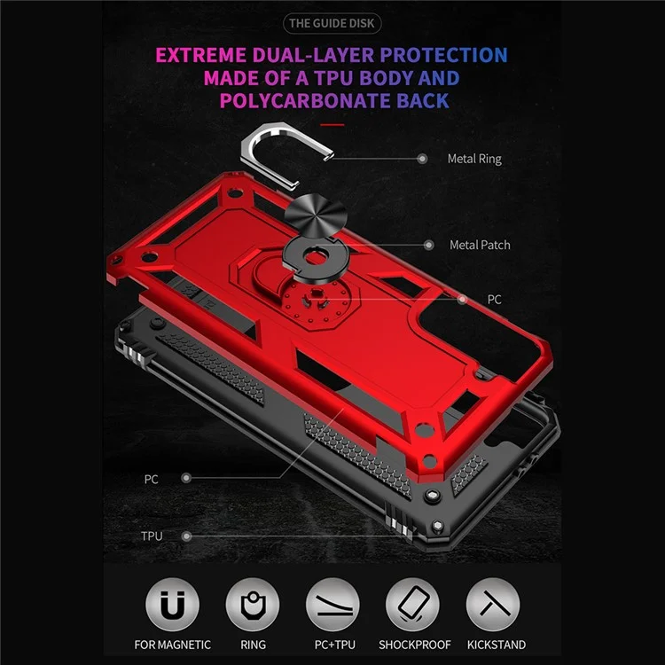 Custodia ibrida anti-caduta in PC + TPU + metallo con anello per dita e supporto per Samsung Galaxy S21 FE - Rosso