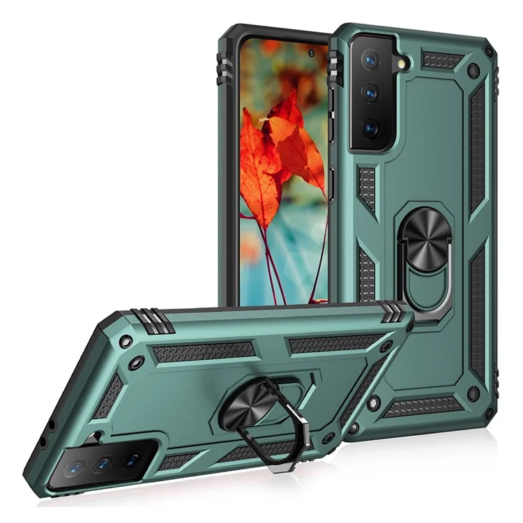 Anti-Fall Phone Hybrid PC + TPU + Metallgehäuse-Cover mit Fingerring-Ständer für Samsung Galaxy S21 FE - Dunkelgrün