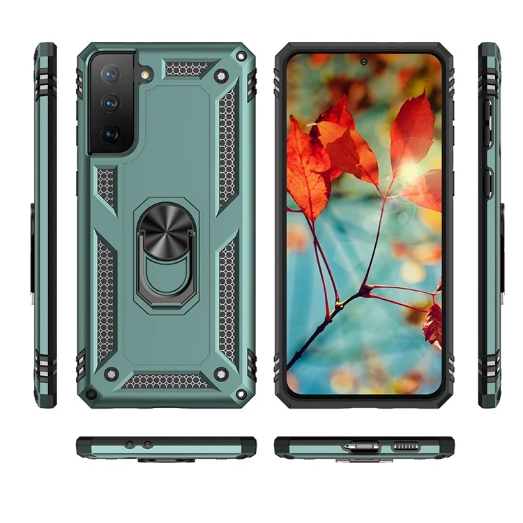 Anti-Fall Phone Hybrid PC + TPU + Metallgehäuse-Cover mit Fingerring-Ständer für Samsung Galaxy S21 FE - Dunkelgrün