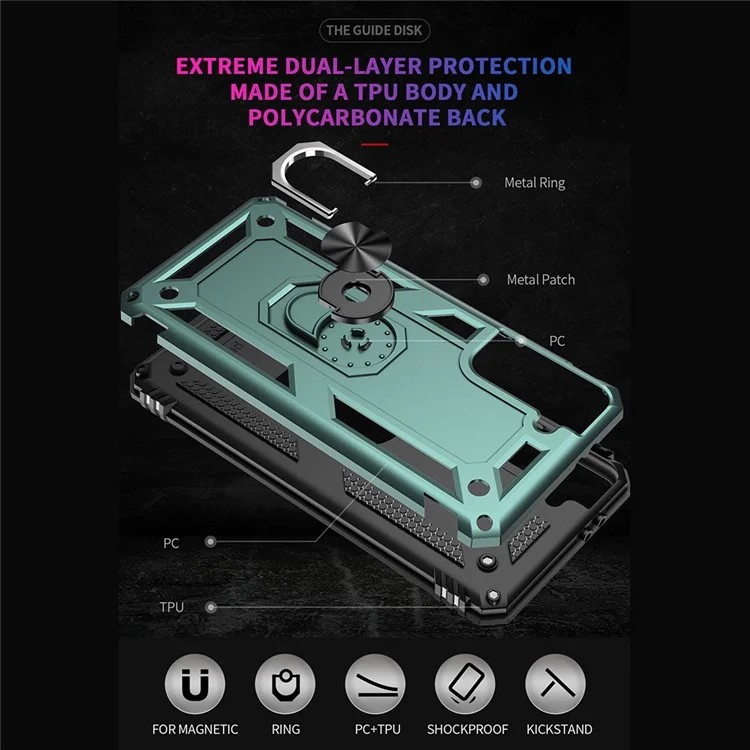 Anti-Fall Phone Hybrid PC + TPU + Metallgehäuse-Cover mit Fingerring-Ständer für Samsung Galaxy S21 FE - Dunkelgrün