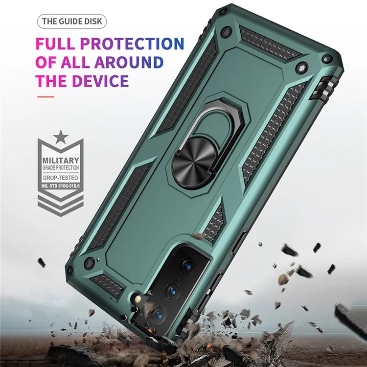 Anti-Fall Phone Hybrid PC + TPU + Metallgehäuse-Cover mit Fingerring-Ständer für Samsung Galaxy S21 FE - Dunkelgrün