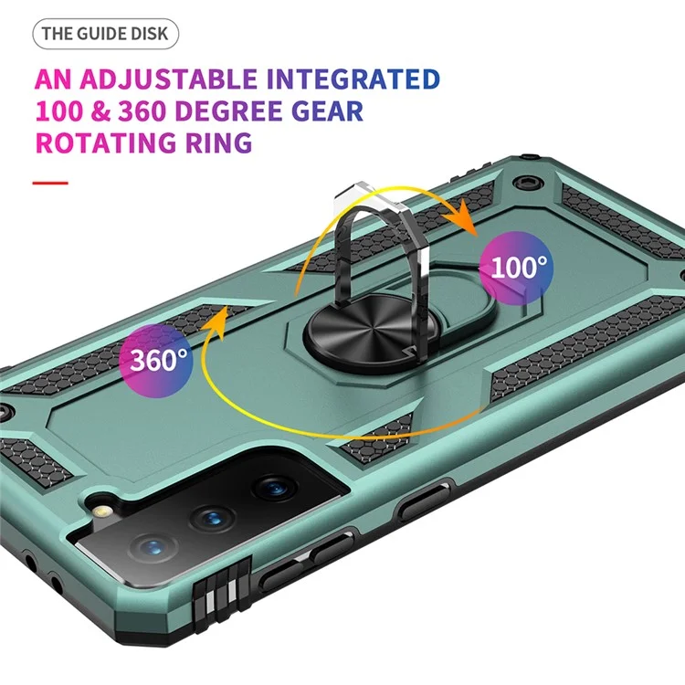 Anti-Fall Phone Hybrid PC + TPU + Metallgehäuse-Cover mit Fingerring-Ständer für Samsung Galaxy S21 FE - Dunkelgrün