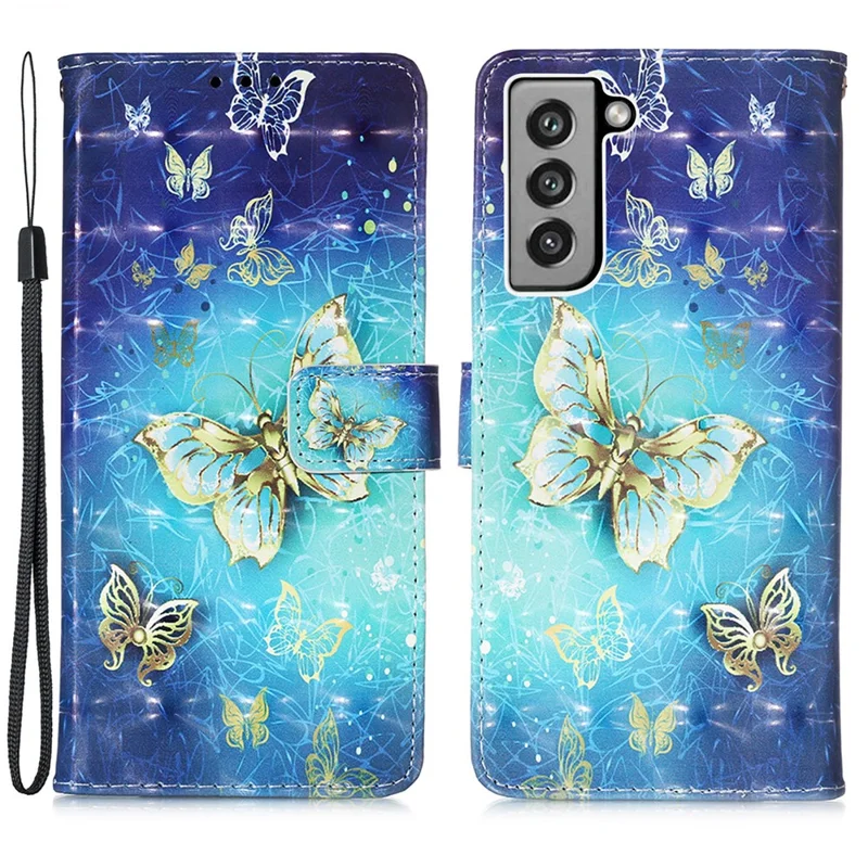 Pattern Printing Wallet Leather Phone Stand Case with Lanyard for Samsung Galaxy S21 FE - Gold Butterfly