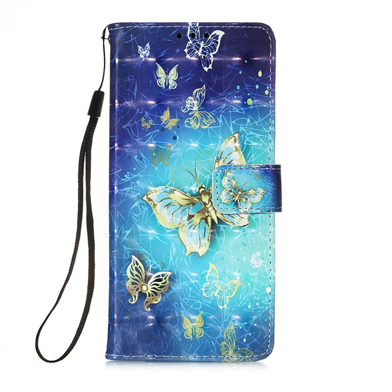 Pattern Printing Wallet Leather Phone Stand Case with Lanyard for Samsung Galaxy S21 FE - Gold Butterfly