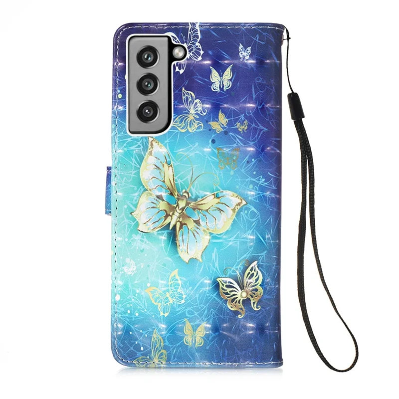 Pattern Printing Wallet Leather Phone Stand Case with Lanyard for Samsung Galaxy S21 FE - Gold Butterfly
