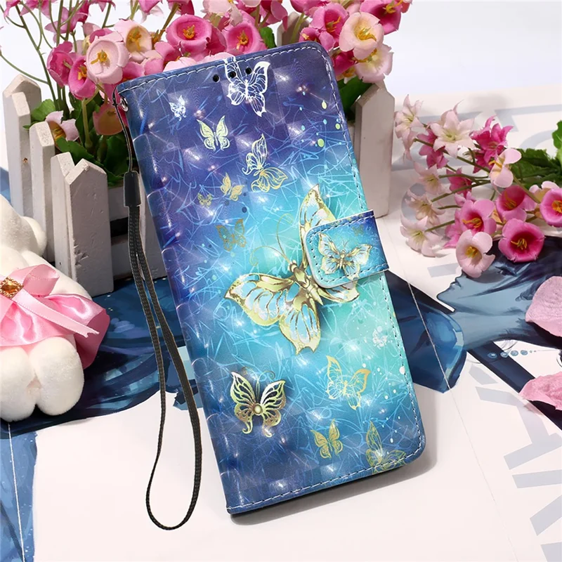 Pattern Printing Wallet Leather Phone Stand Case with Lanyard for Samsung Galaxy S21 FE - Gold Butterfly