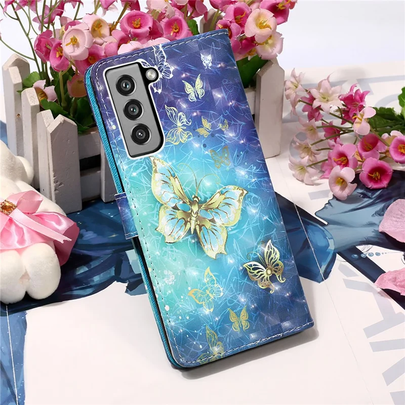 Pattern Printing Wallet Leather Phone Stand Case with Lanyard for Samsung Galaxy S21 FE - Gold Butterfly