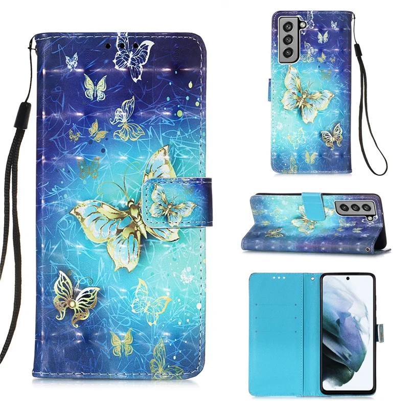 Pattern Printing Wallet Leather Phone Stand Case with Lanyard for Samsung Galaxy S21 FE - Gold Butterfly