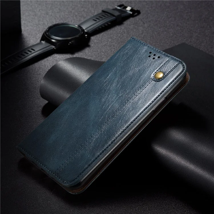 Case de Textura de Caballos de Crazy Waxy Case TPU + PU Cubierta de Cuero Para Samsung Galaxy A22 5G (versión de la Ue) - Azul