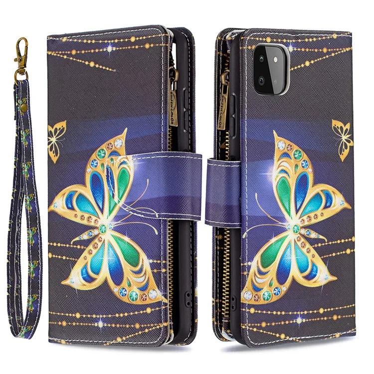 BINFEN COLOR BF03 Estuche de Cuero con Patrón Colorido y Cierre de Cremallera para Samsung Galaxy A22 5G (Versión Europea) - Mariposa Dorada