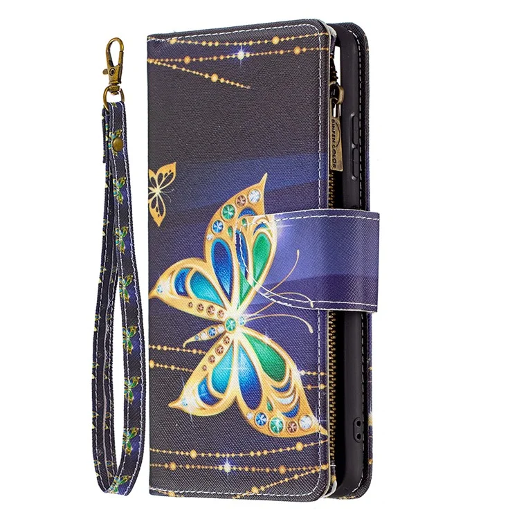 BINFEN COLOR BF03 Estuche de Cuero con Patrón Colorido y Cierre de Cremallera para Samsung Galaxy A22 5G (Versión Europea) - Mariposa Dorada