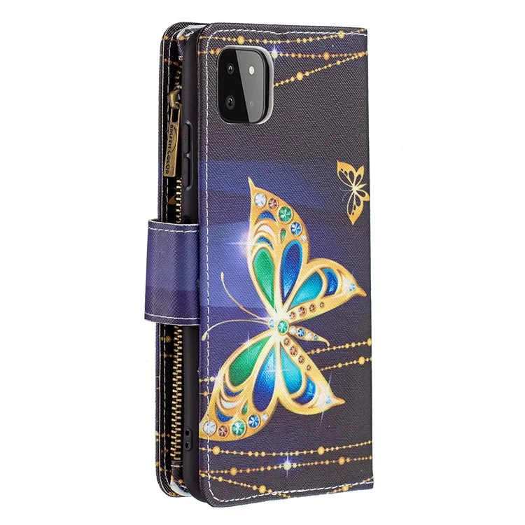 BINFEN COLOR BF03 Estuche de Cuero con Patrón Colorido y Cierre de Cremallera para Samsung Galaxy A22 5G (Versión Europea) - Mariposa Dorada