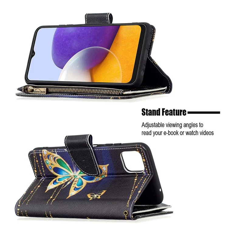 BINFEN COLOR BF03 Estuche de Cuero con Patrón Colorido y Cierre de Cremallera para Samsung Galaxy A22 5G (Versión Europea) - Mariposa Dorada