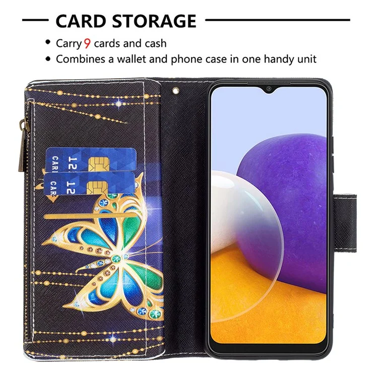 BINFEN COLOR BF03 Estuche de Cuero con Patrón Colorido y Cierre de Cremallera para Samsung Galaxy A22 5G (Versión Europea) - Mariposa Dorada