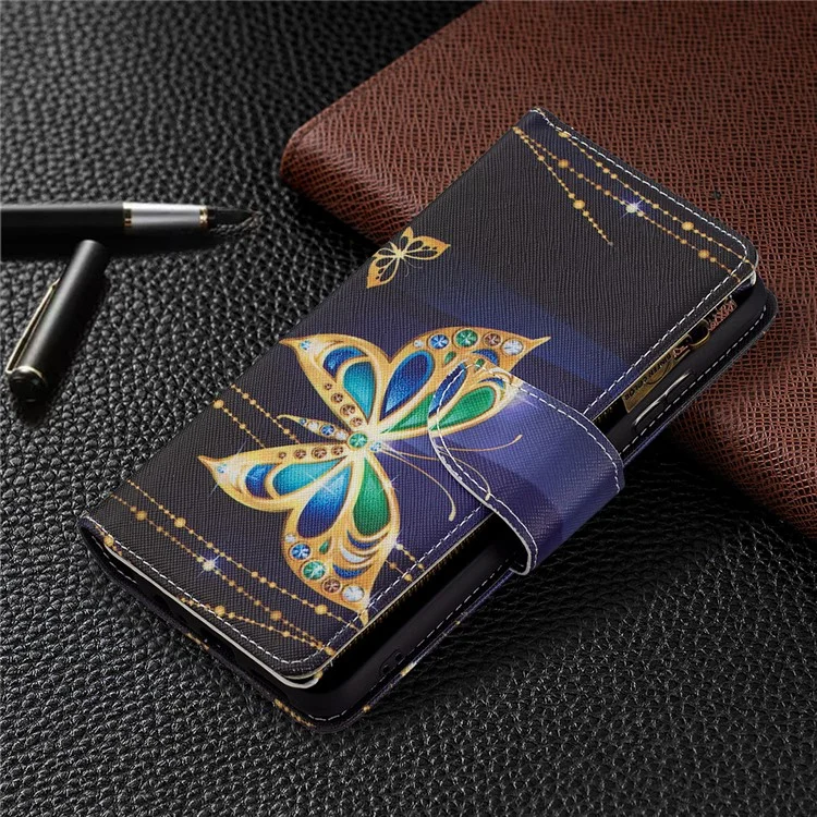 BINFEN COLOR BF03 Estuche de Cuero con Patrón Colorido y Cierre de Cremallera para Samsung Galaxy A22 5G (Versión Europea) - Mariposa Dorada