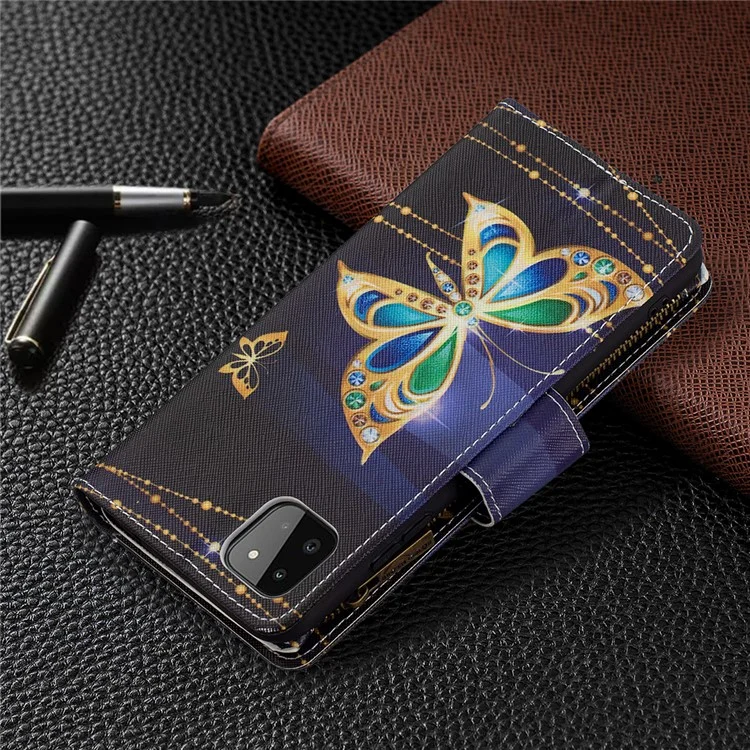 BINFEN COLOR BF03 Estuche de Cuero con Patrón Colorido y Cierre de Cremallera para Samsung Galaxy A22 5G (Versión Europea) - Mariposa Dorada