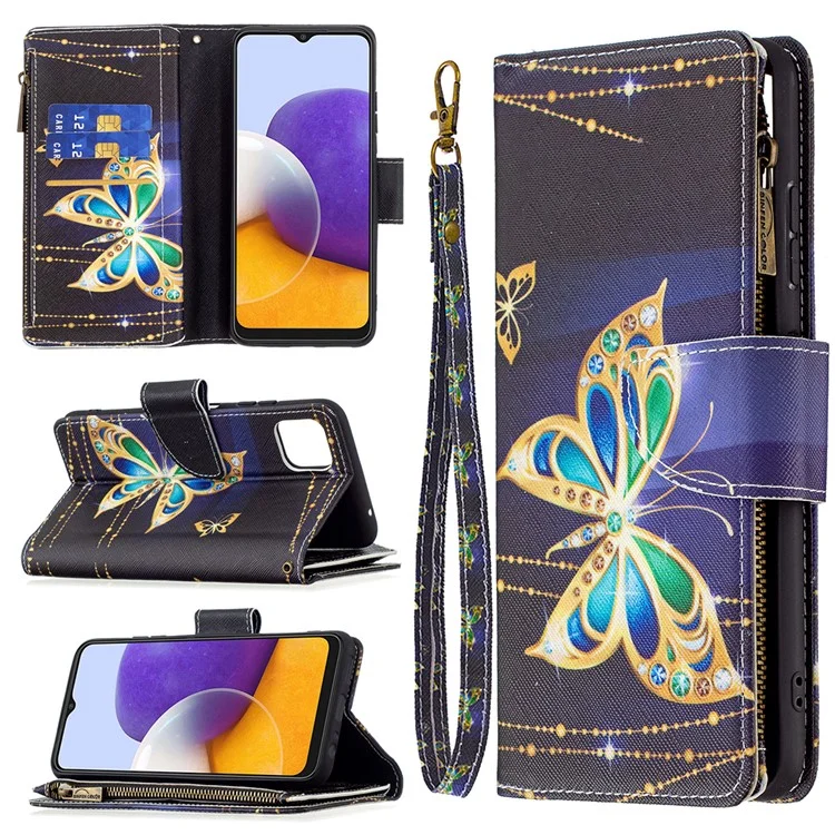 BINFEN COLOR BF03 Estuche de Cuero con Patrón Colorido y Cierre de Cremallera para Samsung Galaxy A22 5G (Versión Europea) - Mariposa Dorada