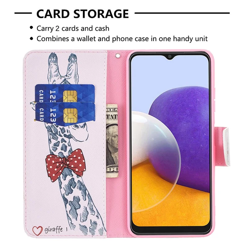 Pattern Printing Leather Stand Wallet Phone Case Shell for Samsung Galaxy A22 5G (EU Version) - Giraffe