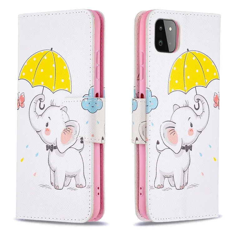 Wallet Stand Design Pattern Printing Flip Leather Phone Case Shell für Samsung Galaxy A22 5G (EU Version) - Elefant und Regenschirm