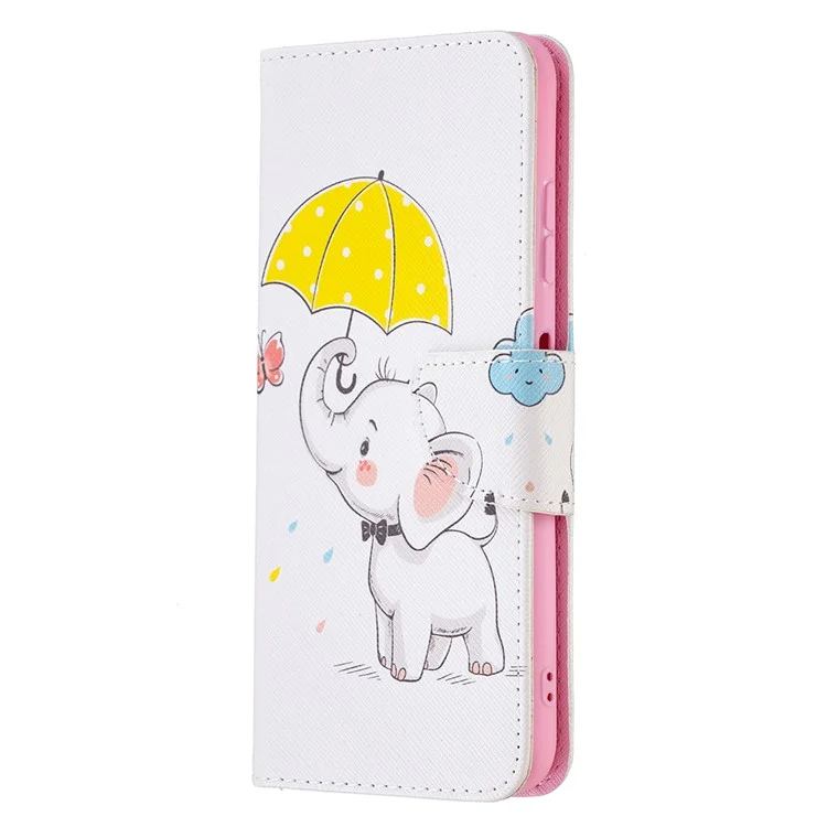 Wallet Stand Design Pattern Printing Flip Leather Phone Case Shell für Samsung Galaxy A22 5G (EU Version) - Elefant und Regenschirm