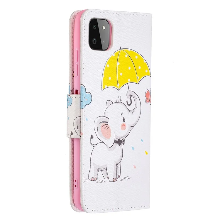 Wallet Stand Design Pattern Printing Flip Leather Phone Case Shell für Samsung Galaxy A22 5G (EU Version) - Elefant und Regenschirm