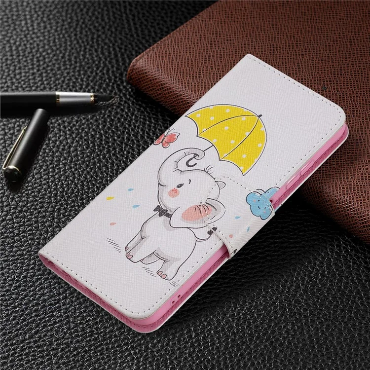 Wallet Stand Design Pattern Printing Flip Leather Phone Case Shell für Samsung Galaxy A22 5G (EU Version) - Elefant und Regenschirm