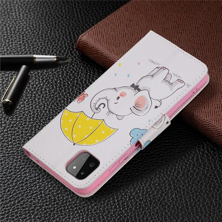 Wallet Stand Design Pattern Printing Flip Leather Phone Case Shell für Samsung Galaxy A22 5G (EU Version) - Elefant und Regenschirm