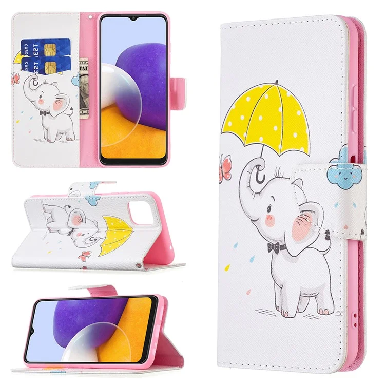 Wallet Stand Design Pattern Printing Flip Leather Phone Case Shell für Samsung Galaxy A22 5G (EU Version) - Elefant und Regenschirm
