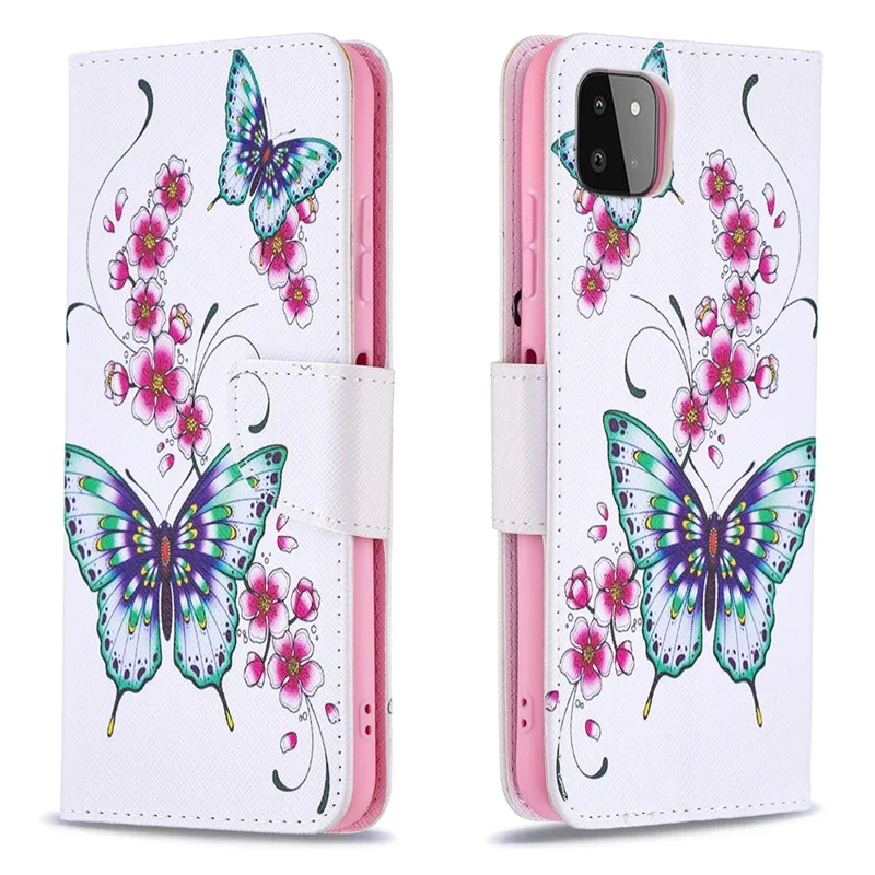 Wallet Stand Design Pattern Printing Flip Leather Phone Case Shell for Samsung Galaxy A22 5G (EU Version) - Butterfly and Flower