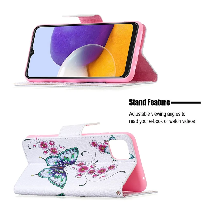 Wallet Stand Design Pattern Printing Flip Leather Phone Case Shell for Samsung Galaxy A22 5G (EU Version) - Butterfly and Flower