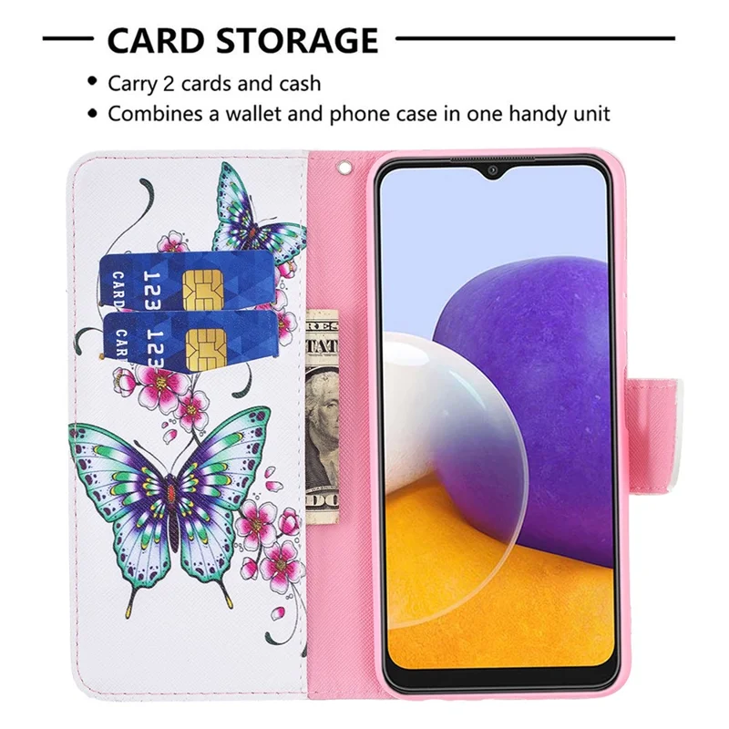 Wallet Stand Design Pattern Printing Flip Leather Phone Case Shell for Samsung Galaxy A22 5G (EU Version) - Butterfly and Flower