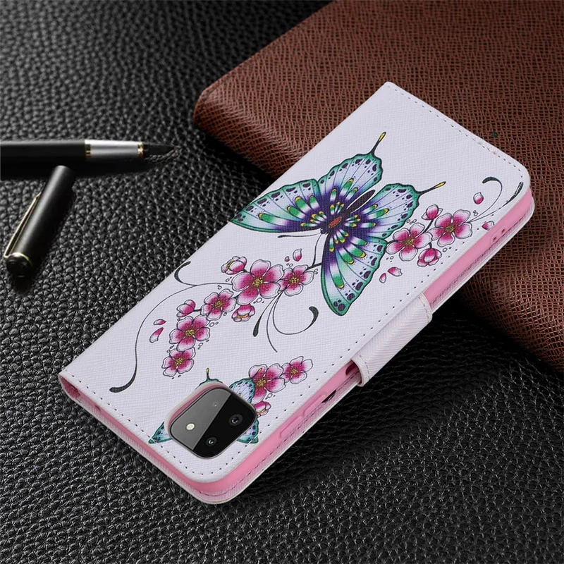 Wallet Stand Design Pattern Printing Flip Leather Phone Case Shell for Samsung Galaxy A22 5G (EU Version) - Butterfly and Flower