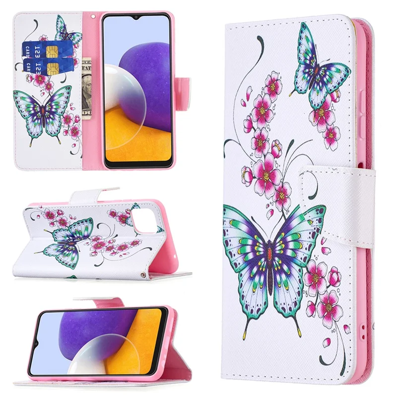 Wallet Stand Design Pattern Printing Flip Leather Phone Case Shell for Samsung Galaxy A22 5G (EU Version) - Butterfly and Flower