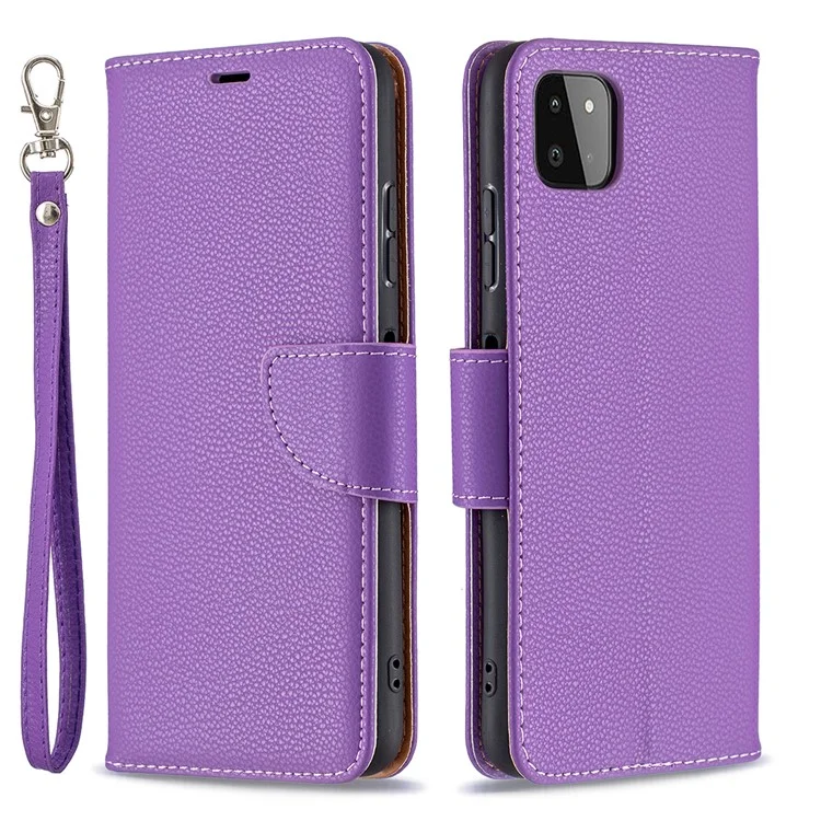 Твердый Цвет Litchi Texture Wallet Stand Teather Cover с Ремешком Для Samsung Galaxy A22 5G (версия Eu) - Пурпурный