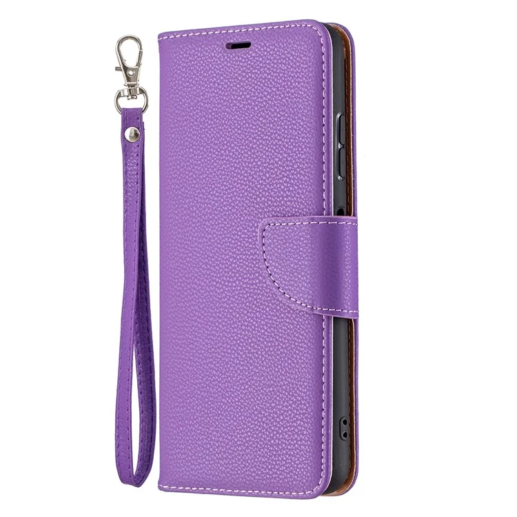 Твердый Цвет Litchi Texture Wallet Stand Teather Cover с Ремешком Для Samsung Galaxy A22 5G (версия Eu) - Пурпурный