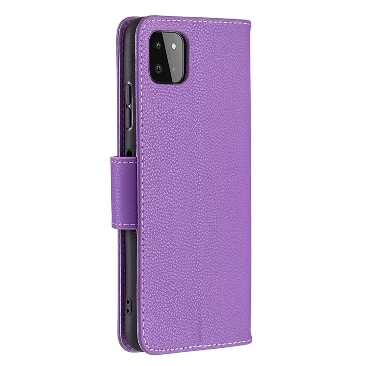 Твердый Цвет Litchi Texture Wallet Stand Teather Cover с Ремешком Для Samsung Galaxy A22 5G (версия Eu) - Пурпурный