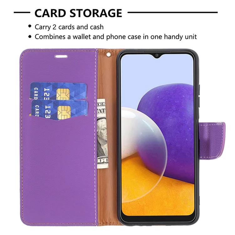 Твердый Цвет Litchi Texture Wallet Stand Teather Cover с Ремешком Для Samsung Galaxy A22 5G (версия Eu) - Пурпурный