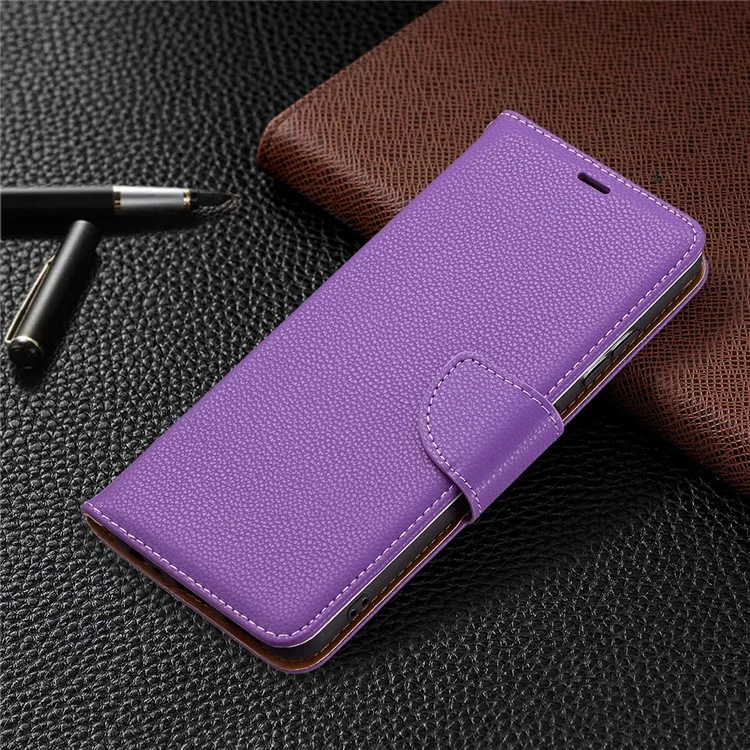 Твердый Цвет Litchi Texture Wallet Stand Teather Cover с Ремешком Для Samsung Galaxy A22 5G (версия Eu) - Пурпурный