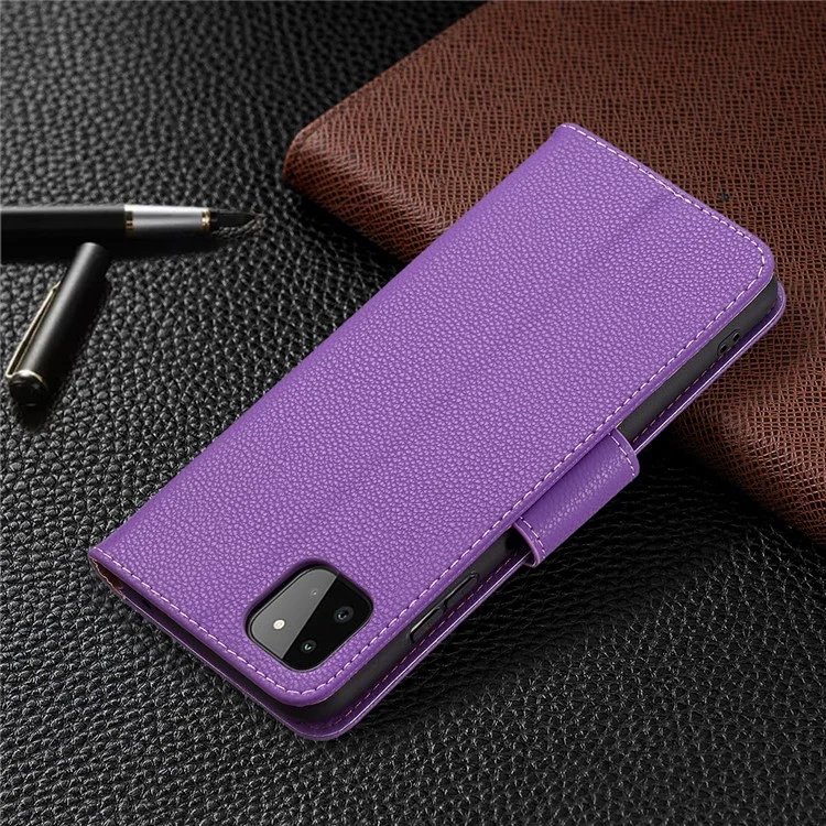 Твердый Цвет Litchi Texture Wallet Stand Teather Cover с Ремешком Для Samsung Galaxy A22 5G (версия Eu) - Пурпурный