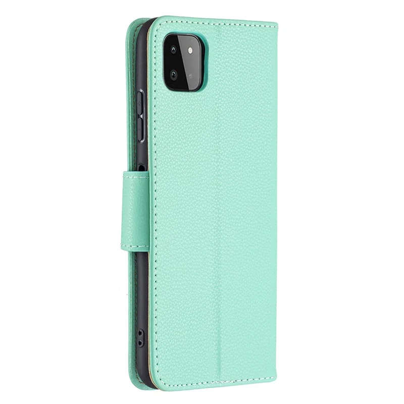 Solid Color Litchi Texture Wallet Stand Leather Cover with Strap for Samsung Galaxy A22 5G (EU Version) - Green