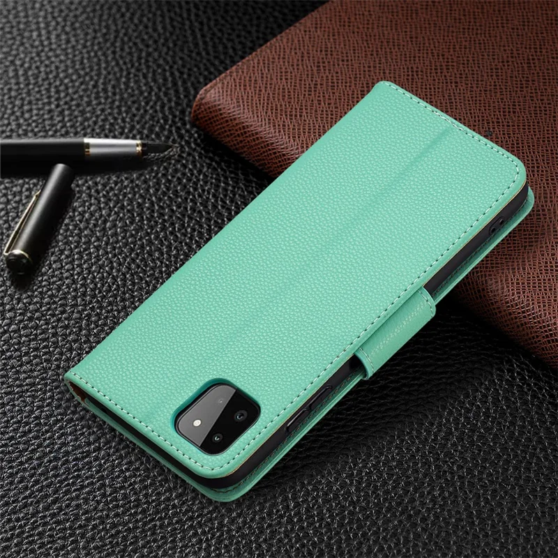 Solid Color Litchi Texture Wallet Stand Leather Cover with Strap for Samsung Galaxy A22 5G (EU Version) - Green
